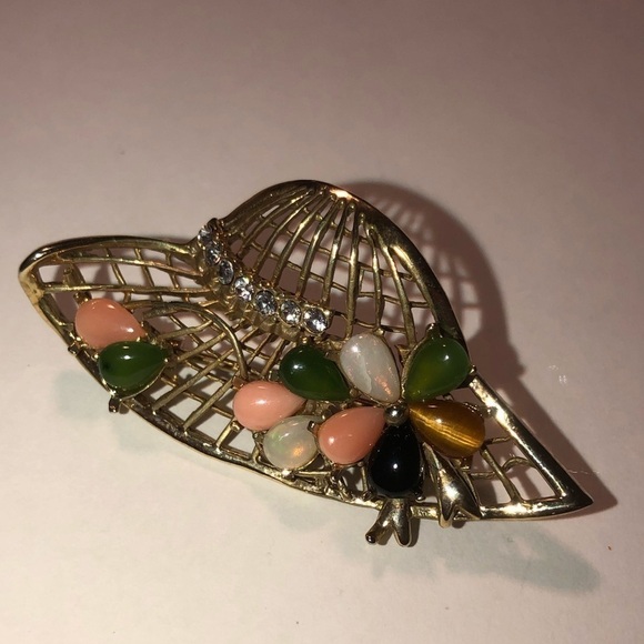 VTG Sunhat Brooch Opal Coral Jade Tigers Eye Onyx Gemstones & Rhinestones 2” - Picture 2 of 8